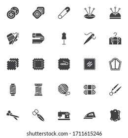 Sewing and knitting vector icons set, modern solid symbol collection, filled style pictogram pack. Signs logo illustration. Set includes icons as button, cushion needle thread, sewing machine, scissor