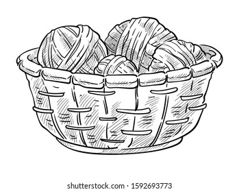 Sewing and knitting, woolen thread balls in wicker basket isolated sketch vector. Yarn to knit, craft and handmade clothes production drawing. Handicarft, hobby or leisure, winter sweater materials