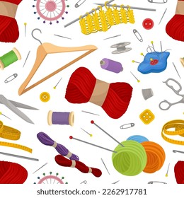 Sewing and Knitting Workshop Seamless Pattern Design with Equipment Vector Template