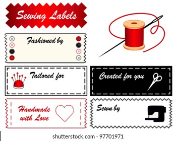 Sewing Labels with copy space for sewing, tailoring, fashion, couture, modeling, dressmaking, DIY crafts: needle, thread, scissors, pincushion, buttons, machine, heart, love, EPS8 compatible.