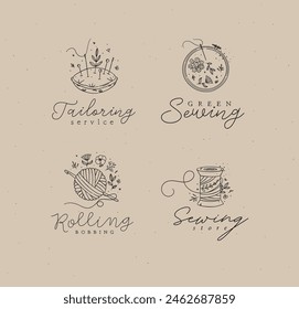 Sewing labels pillow with needles, embroidery circle, ball and skein of thread with lettering drawing in floral style on coffee color background