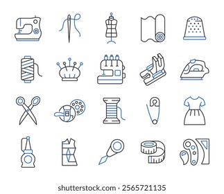 Sewing line color icon set. Vector collection with sewing machine, needle, textile, scissors, mannequin, pin, clothes, spool of thread, iron.