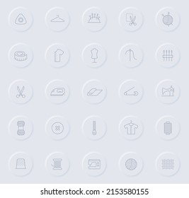 sewing line gray icons on round rubber buttons. sewing icon set for web, mobile apps, ui design and promo business polygraphy