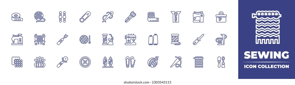 Colección de iconos de línea de costura. Trazo editable. Ilustración vectorial. Conteniendo cinta dosificadora, bola de hilado, hilos, vástago de seguridad, aguja, tijeras, cinta de medida, cremallera, máquina de coser, caja de coser.