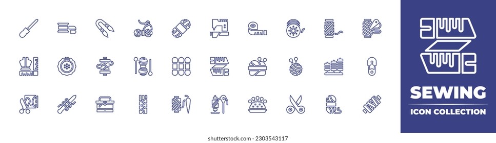 Sewing line icon collection. Editable stroke. Vector illustration. Containing awl, ribbon, sewing, art and design, sewing machine, measure tape, bobbin, threads, spool of thread, dressmaker.