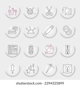 Sewing line icon set, tailor symbols collection, vector sketches, neumorphic UI UX buttons, dressmaking signs linear pictograms package isolated on white background, eps 10.