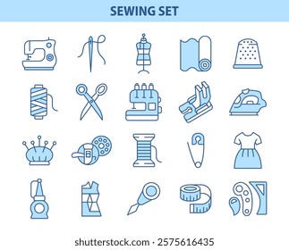 Sewing line icon set. Tailor collection with sewing machine, scissors, needle, textile, mannequin, pin, clothes, spool of thread, iron, dress. Vector illustration.