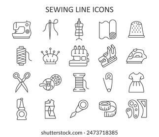 Sewing line icon set. Vector collection with sewing machine, needle, textile, scissors, mannequin, pin, clothes, spool of thread, iron. 