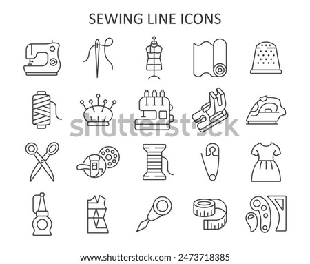 Sewing line icon set. Vector collection with sewing machine, needle, textile, scissors, mannequin, pin, clothes, spool of thread, iron. 