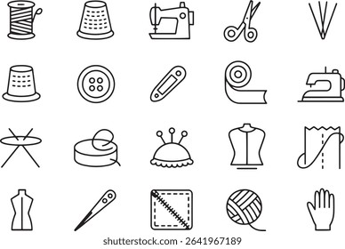 Sewing Line Icons Set. Needlework, Stitching, Fabric, Tailoring. Vector Illustration. Editable Stroke