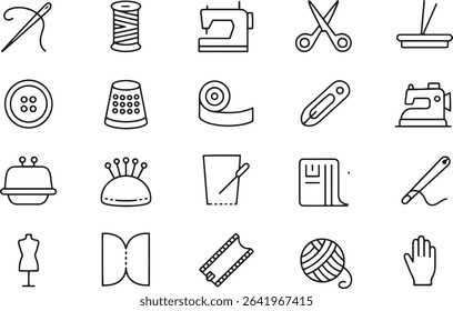 Sewing Line Icons Set. Needlework, Stitching, Fabric, Tailoring. Vector Illustration. Editable Stroke