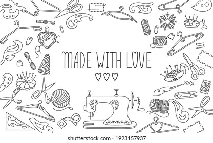 Sewing line tools background for text, made with love. Thread and scissors, yarn, needle bar, pin needle. Sewing accessories for hobby. Dressmaking needlework stitch fancywork. Vector illustration