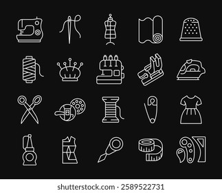 Sewing line white icon set on black background. Vector collection with sewing machine, needle, textile, scissors, mannequin, pin, clothes, spool of thread, iron. Editable stroke.