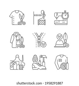 Sewing Linear Icons Set. Resizing Shirts. Needlecraft Workshop. Fur Coat. Zipper Replacement. Customizable Thin Line Contour Symbols. Isolated Vector Outline Illustrations. Editable Stroke