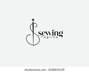 Nähen Logo-Design mit Nadeln und einem Brief. S-Logo. Nadeln mit einem Brief. Maßgeschneidertes Logo. Unternehmen. Kreatives Design. Schwarzes Farblogo. Schriftart.