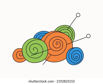 Sewing logo. Doodle vector illustration. Balls of thread and knitting needles. Handicraft, needlework. Monochrome sketch, icon. Isolated background.		