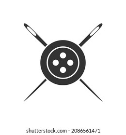 Sewing logo element. Button and crossed needles graphic sign isolated on white background. Tailoring symbol. Vector illustration
