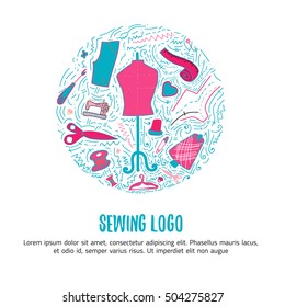 Sewing logo for hand made products for sewing, tailor shop with lettering. Hand drawn doodle vector illustration for sites, banners and packages.