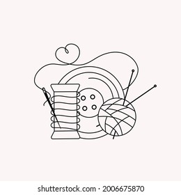 Nählogo. Handgefertigtes Schild. Bündel von Thread, Nadel, Garn. Illustration im Doodle-Stil. Vektorgrafiken. Einziger Hintergrund.