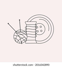 Sewing logo. Handmade sign. Spool of Thread,  yarn. Illustration in doodle style. Vector badges. Isolated background.
