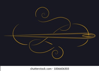 sewing logo of a needle with a thread isolated on a black background with a gold foundation caligraphy, badge, design, label