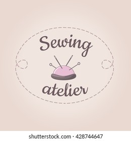 Sewing logo vector template, needle, stitch. Cute vintage design element for tailor shop, studio, atelier, needlework, handmade workshop, store, handiwork business, identity. Pink & chocolate colors