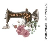 Sewing machine with arrangement of dried flowers