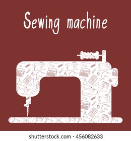 Sewing machine with the background of the sewing tools and tailoring accessories. Vector illustration.