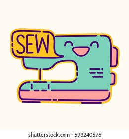 Sewing machine badge, cute kawaii flat design style sign, dressmaker icon, sew lettering, vector cartoon character