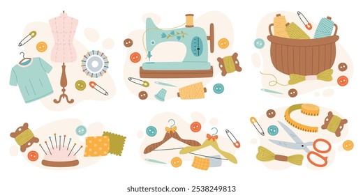 Sewing machine, basket of threads, clothing hangers, needles, measuring tape, scissors, buttons, pins and other tailoring equipment mini compositions set. Handcraft hobby vector illustration