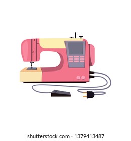 Sewing machine cartoon illustration. Modern machine with display and buttons. Home appliance concept. Vector illustration can be used for topics like tailoring, hobby, manufacturing, craft