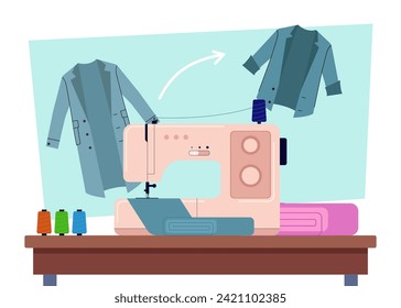 Sewing machine and colorful threads vector illustration. Old coat and new jacket on background. Remaking old clothes into new ones. Sewing, fashion concept