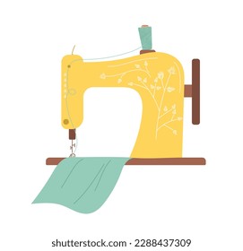 Sewing machine concept. Sewing inventory with green piece of fabric. Fashion, trend and style. Poster or banner for website. Manufacture and needlework. Cartoon flat vector illustration