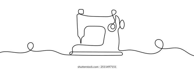 Máquina de coser en estilo de dibujo de arte de línea continua. Abstractas máquina de coser de estilo antiguo para diseño de letreros de taller o sastre. Bosquejo lineal negro minimalista sobre fondo blanco. Ilustración vectorial