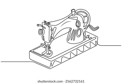 Sewing machine continuous one line drawing, vintage sewing machine continuous line vector illustration, One continuous line drawing of Antiques illustration. Antiques sewing machine design in simple