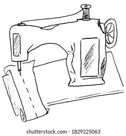 Sewing machine for creating and repairing clothes. Vector, sketch image. Object of domestic, daily usage. Can be used for coloring book, web design and printing 