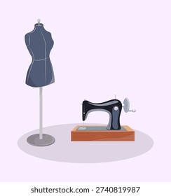 Sewing machine and dress form mannequin illustration in soft modern style. Perfect for tailoring, fashion design, handmade branding and creative workshop concepts.