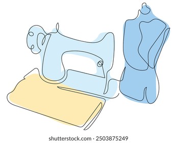 A sewing machine and dress form are positioned next to a roll of yellow fabric in a bright, artistic setting.