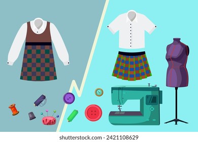 Sewing machine, dummy and new clothes made from old dress. Vector illustration. Threads, needle, buttons, thimble. Remaking old clothes into new ones. Sewing, fashion concept