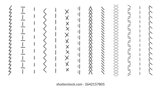 Sewing machine, embroidery border line zig zag hatch. Geometric fabric needlework, thread sew brushes, sewing seams. 