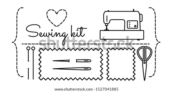 Sewing machine, fabric piece, needles and pins
linear clipart set collection. Sew hobby line icons for shop cover,
blog header, web site design. Curly bracket, stitch text divider,
cloth frame.