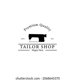 Sewing machine and fast tailoring clothes, logo template. Tailor shop, tailoring craft and textile production, vector design. Fashion and clothes, illustration