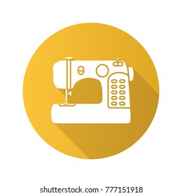 Sewing machine flat design long shadow glyph icon. Vector silhouette illustration