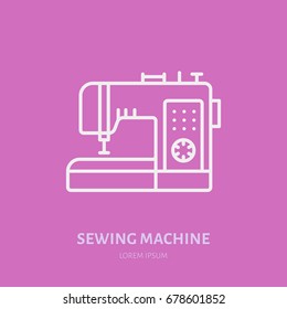 Sewing machine flat line icon, logo. Vector illustration of tailor supplies for hand made shop or dressmaking service.