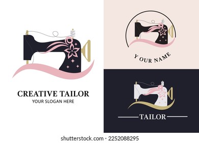 Sewing Machine with floral design Logo for Sewing Shop Tailor Fashion Fabric Design. Template