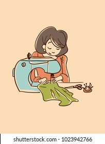 sewing machine girl vector illustration character