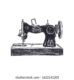 Sewing machine hand drawn black and white vector illustration. Dressmaker vintage equipment simple sketch. Retro tailoring old tool isolated monocolor design element on white background