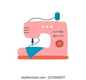 Sewing Machine Hand Drawn Illustration. Fashion Design Clipart. Textile Craft Business Icon. Handicraft Hobby Symbol Isolated On White