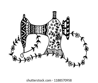 Sewing machine. Hand drawn sketch. Vector illustration.