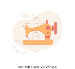 Sewing machine, hand drawn sewing tool illustration, cartoon dressmaking supplies design, vector tailor craft decoration element, doodle embroidery accessories object,